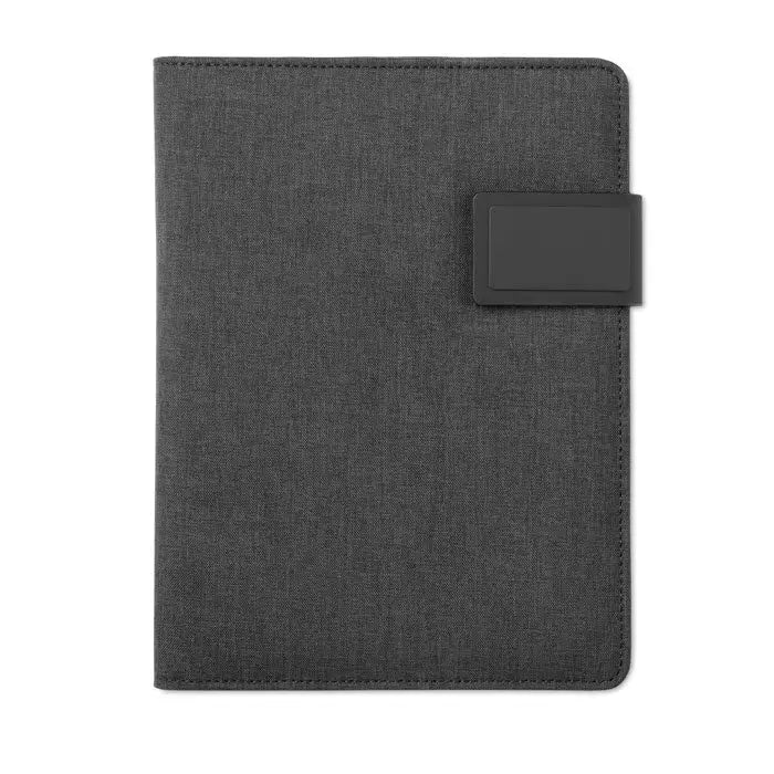 Dosar a5 cu power bank notepad din material texturat gri inchis cu inchidere magnetica neagra eleganta