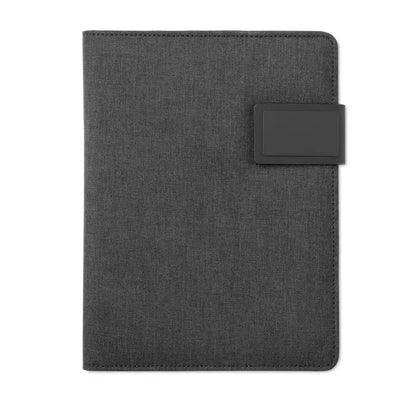 Dosar a5 cu power bank notepad din material texturat gri inchis cu inchidere magnetica neagra eleganta