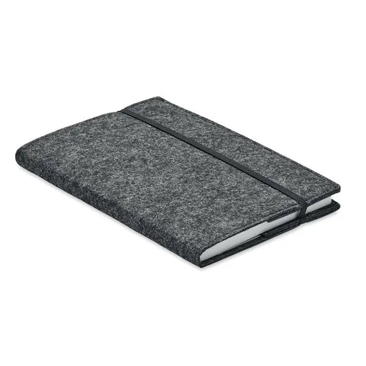Dosar de conferinta a4 din rpet cu coperta din fetru gri si elastic negru pentru organizare eficienta
