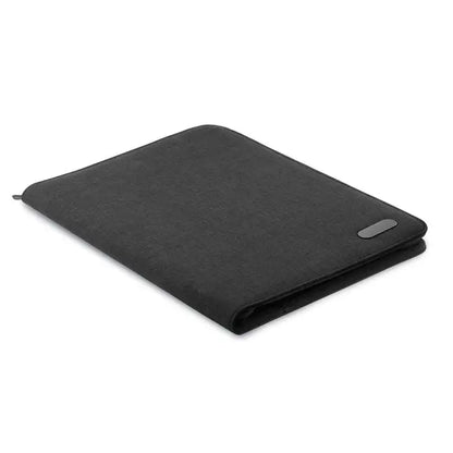 Dosar de conferinte a4 arhivat cu husă pentru laptop neagră texturată, design minimalist și fermoar gri subtil