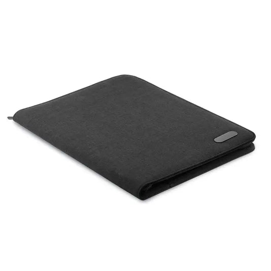 Dosar de conferinte a4 arhivat cu husă pentru laptop neagră texturată, design minimalist și fermoar gri subtil