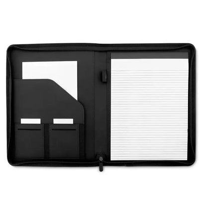 Dosar de conferinte a4 arhivat negru cu fermoar si compartimente interioare pentru carduri si bloc notes liniat