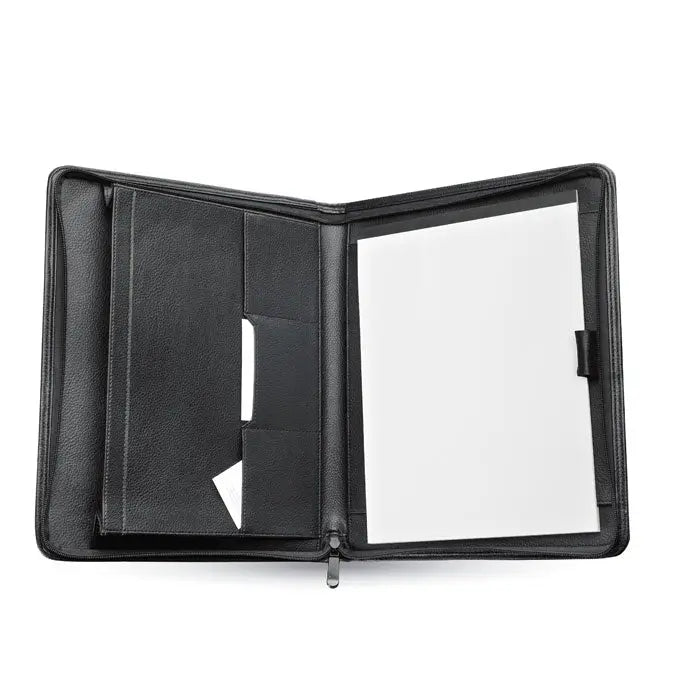 Dosar de conferinte a4 din piele neagra cu multiple compartimente interne si inchidere cu fermoar