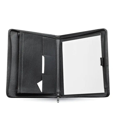 Dosar de conferinte a4 din piele neagra cu multiple compartimente interne si inchidere cu fermoar