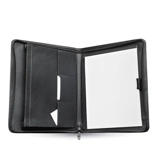 Dosar de conferinte a4 din piele neagra cu multiple compartimente interne si inchidere cu fermoar