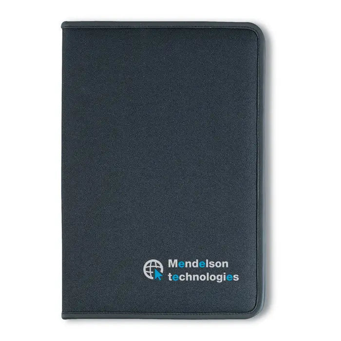 Dosar de conferinte a4 din material texturat negru cu logo embosat discret pentru mendelson technologies