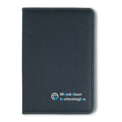 Dosar de conferinte a4 din material texturat negru cu logo embosat discret pentru mendelson technologies