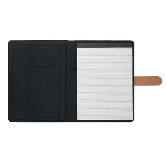 Dosar de conferinte a4 rpet cu notepad cu coperta neagra din piele si semn de carte din piele maro deschis