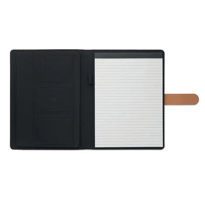 Dosar de conferinte a4 rpet cu notepad cu coperta neagra din piele si semn de carte din piele maro deschis