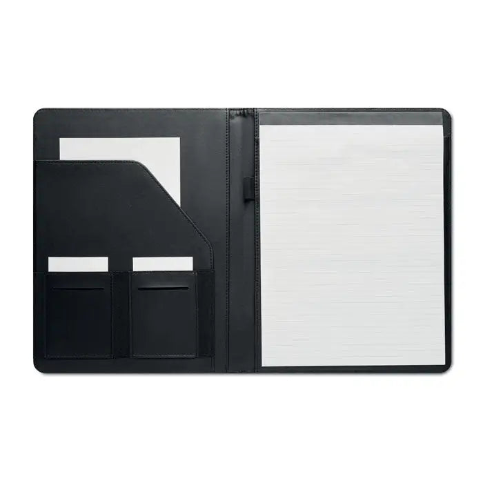 Dosar de conferinte a4 rpet din piele neagra cu notepad dictando si doua sloturi pentru carti de vizita