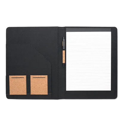 Dosar pentru conferinte a4 negru texturat cu notepad liniat si accente din pluta pentru organizare eficienta