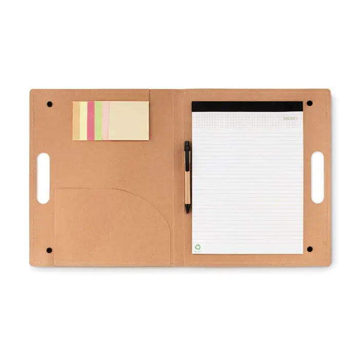 Brown dosar reciclat cu bloc notes integrat, slot pentru pix si etichete colorate pentru conferinta