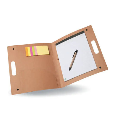 Dosarul conferintei reciclata maro cu notepad integrat, pix si slot pentru notite adezive colorate
