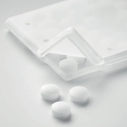 Dozator de menta cu recipient transparent din plastic si pastile albe rotunde pentru prospețime