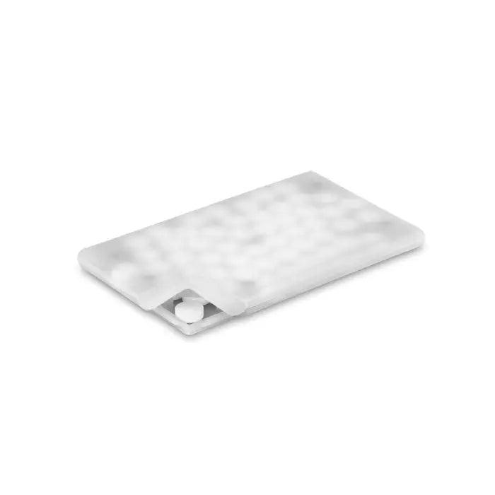 Dozator de menta translucent white plastic card holder with textured surface and small circular cutout on front