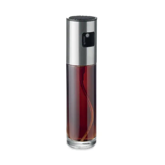 Dozator de pulverizare in sticla cu corp transparent, pulverizator argintiu si negru, lichid rosu inchis inclus