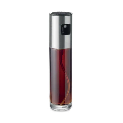Dozator de pulverizare in sticla cu corp transparent, pulverizator argintiu si negru, lichid rosu inchis inclus