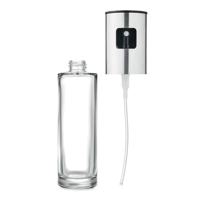 Dozator de pulverizare in sticla transparenta cu pompita metalica argintie eleganta pentru pulverizare usoara