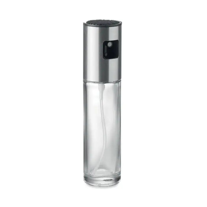 Dozator de pulverizare in sticla transparenta cu capac superior metalic argintiu si protectie cauciuc neagra
