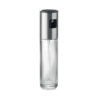 Dozator de pulverizare in sticla transparenta cu capac superior metalic argintiu si protectie cauciuc neagra