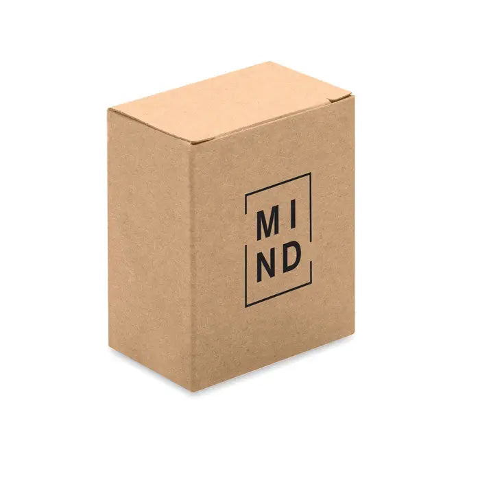 Dreptunghi de creier teaser din lemn ambalat în cutie minimalistă maro cu logo negru mind în chenar pătrat