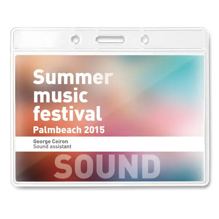 Ecuson transparent 10cmx8cm din plastic clar cu fundal gradient colorat si text alb pentru summer music festival palmbeach 2015