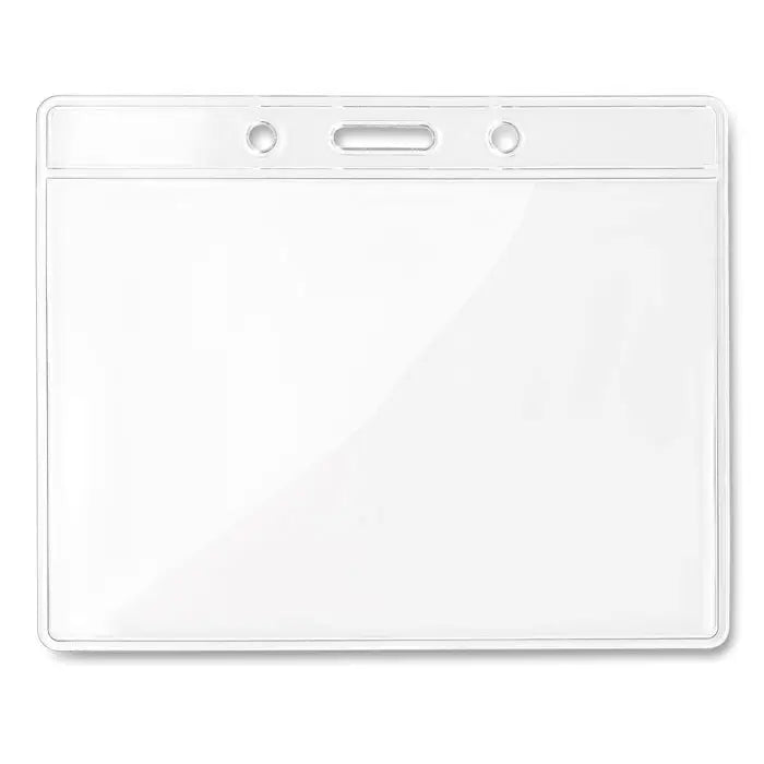 Ecuson transparent 10cm x 8cm din plastic clar cu margine albă și trei găuri pentru atașare