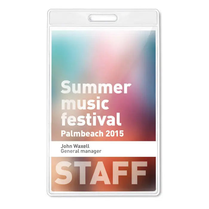 Ecuson transparent 7,5cmx12,5cm holder din plastic clar pentru ecuson cu text festival muzica vară palm beach 2015 john waxell manager general staff