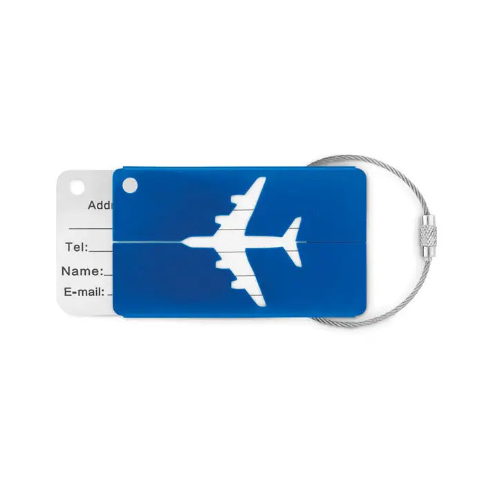 Etichetă de bagaje din aluminiu albastru cu design siluetă albă de avion și buclă metalică argintie