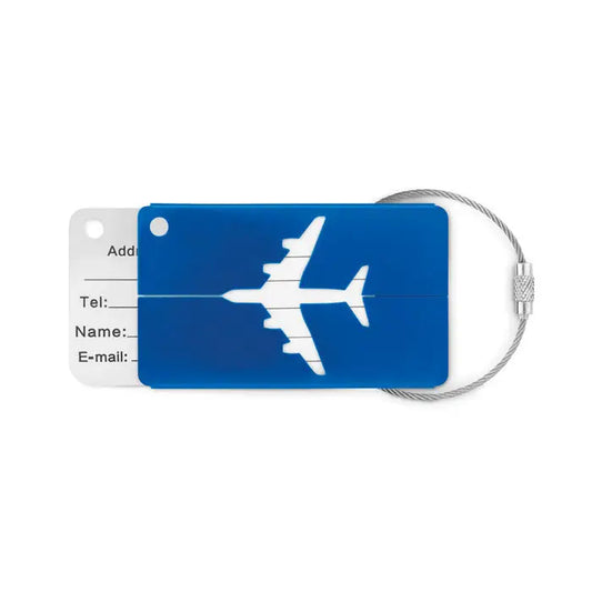 Etichetă de bagaje din aluminiu albastru cu design siluetă albă de avion și buclă metalică argintie