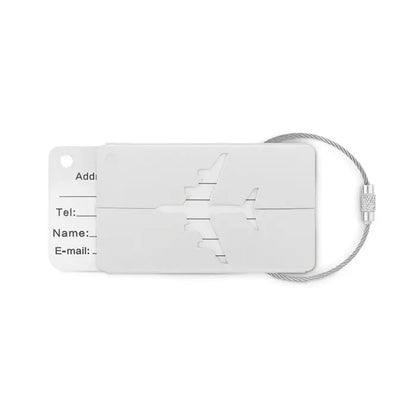Eticheta de bagaje din aluminiu alba in forma de avion cu cablu argintiu si inchizatoare metalica