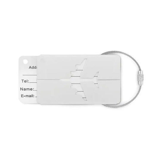 Eticheta de bagaje din aluminiu alba in forma de avion cu cablu argintiu si inchizatoare metalica