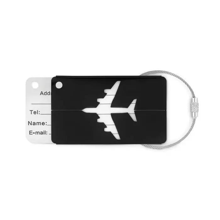 Eticheta de bagaje din aluminiu negru cu design avion alb si prindere cablu argintiu