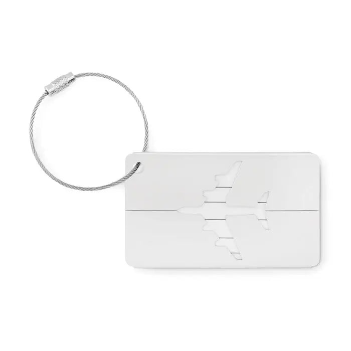 Eticheta de bagaje din aluminiu alba dreptunghiulara cu design decupat avion si bucla argintie din cablu