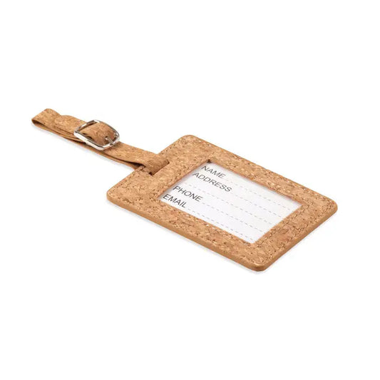Eticheta pentru bagaje din plută naturală cu cataramă argintie și câmpuri tipărite pentru nume, adresă, telefon și email