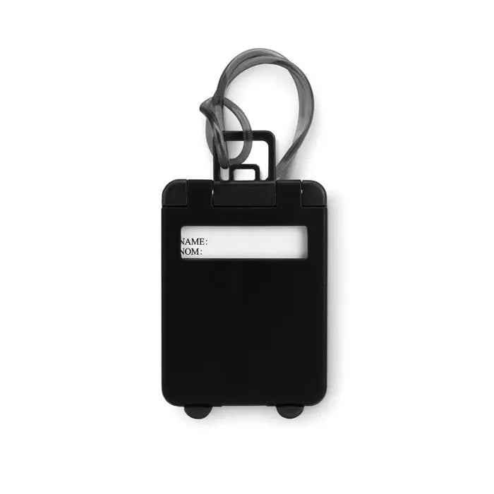 Etichetă pentru bagaje din plastic negru cu buclă transparentă și etichetă albă pentru nume și telefon