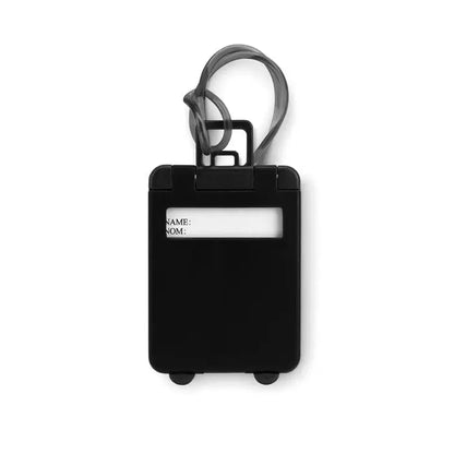 Etichetă pentru bagaje din plastic negru cu buclă transparentă și etichetă albă pentru nume și telefon