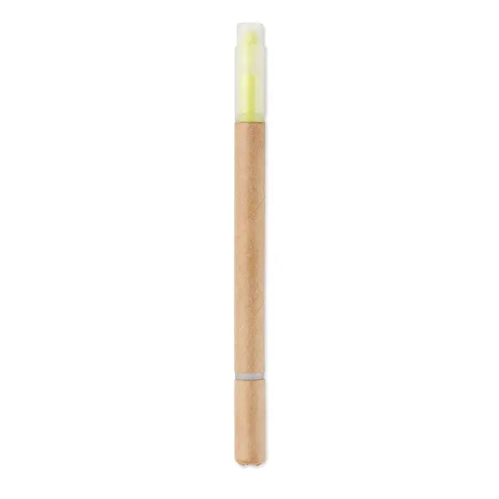 Un evidentiator 2 in 1 din carton cu corp natural din lemn si varf translucid verde lime eco-friendly