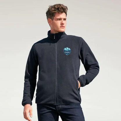 Jachetă neagră FACTOR BaRBAtI microfleece cu fermoar și logo munte teal pe pieptul stâng