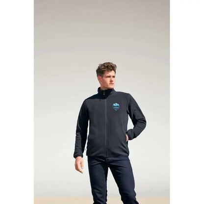 Jachetă neagră FACTOR BaRBatI microfleece cu fermoar și logo albastru subtil pe piept din fleece moale