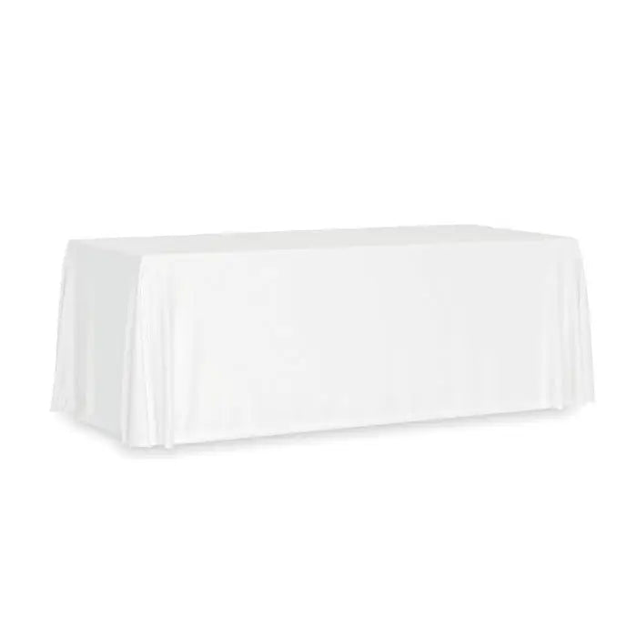 Fata de masa mare 280x210 cm din satin alb cu drapaj fin si aspect neted perfect pentru ocazii elegante