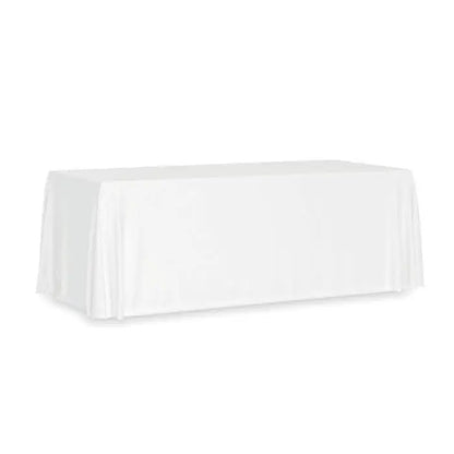 Fata de masa mare 280x210 cm din satin alb cu drapaj fin si aspect neted perfect pentru ocazii elegante