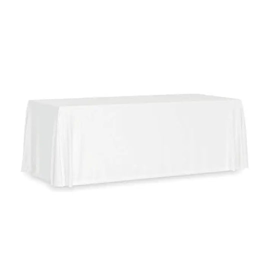 Fata de masa mare 280x210 cm din satin alb cu drapaj fin si aspect neted perfect pentru ocazii elegante