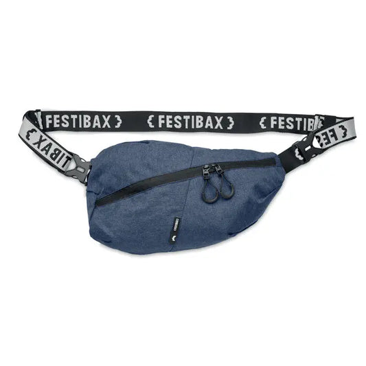 Festibax basic unisex borseta de talie din denim albastru cu fermoar negru si curea cu brand
