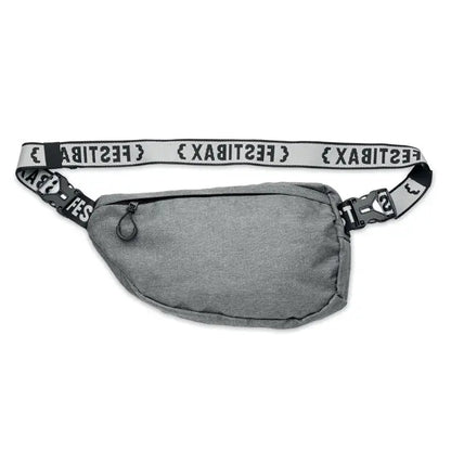 Festibax basic borseta tip fanny din material textil gri melanj cu bretea branding alb-negru