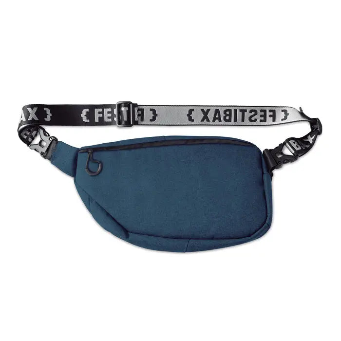 Festibax basic navy blue waist pack with black and gray patterned strap featuring bold repeating brand name