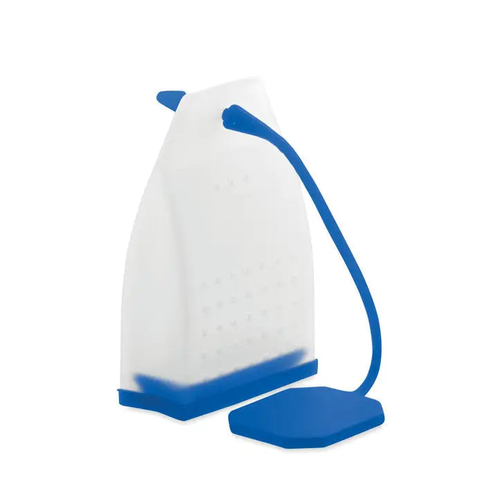 Filtru de ceai din silicon alb si albastru in forma de fier de calcat cu maner flexibil pentru infuzare usoara