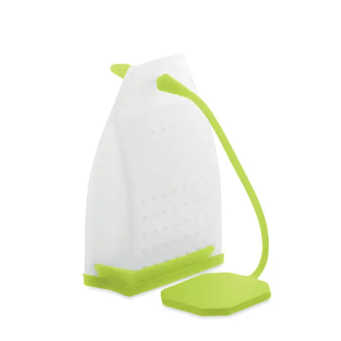 Filtru de ceai din silicon alb si verde lime cu maner flexibil si baza hexagonala pentru infuzie usoara