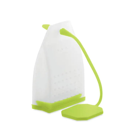 Filtru de ceai din silicon alb si verde lime cu maner flexibil si baza hexagonala pentru infuzie usoara