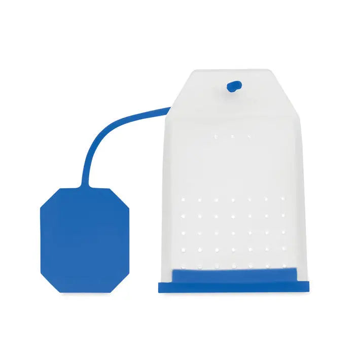 Filtru de ceai din silicon alb și albastru cu corp perforat, etichetă octogonală și bretea flexibilă